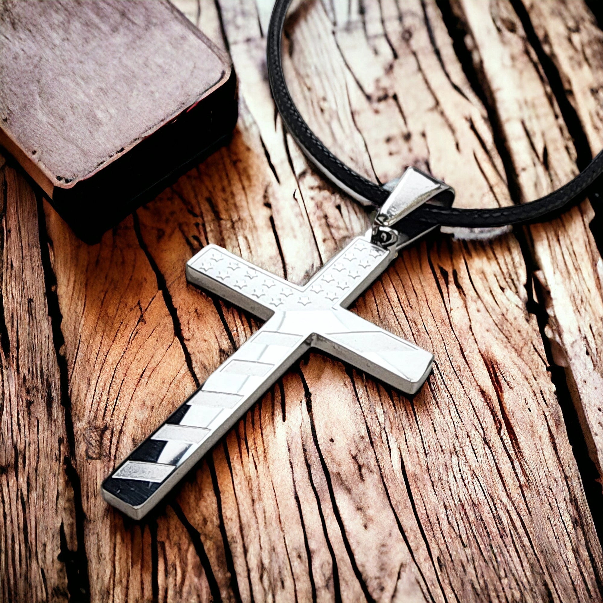 USA Flag Stainless Steel Cross With Black Cord Necklace