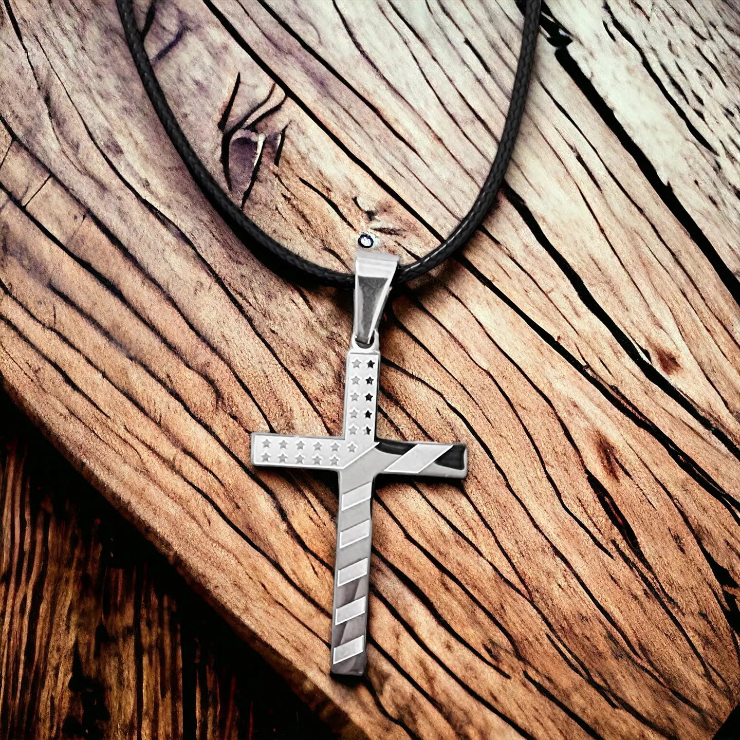 USA Flag Stainless Steel Cross With Black Cord Necklace
